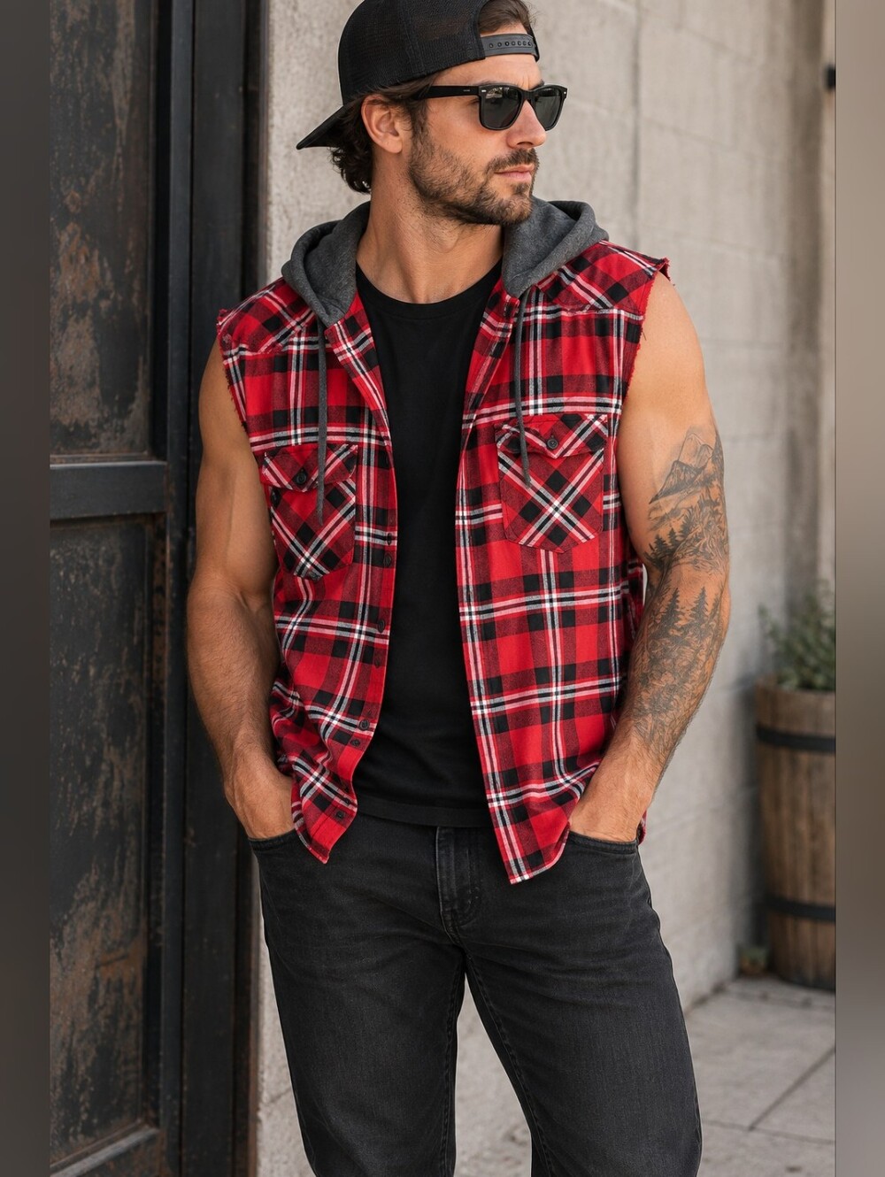 Urban Outfitters Men’s XL Red Plaid Sleeveless Flannel Shirt Grunge
